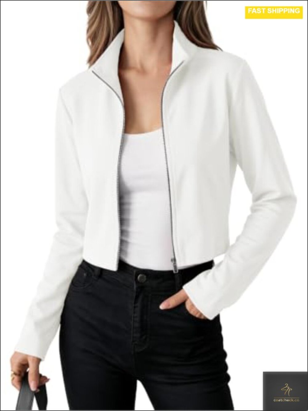 Women's Cropped Full Zip Athletic Jacket Slim Fit Polyester Spandex